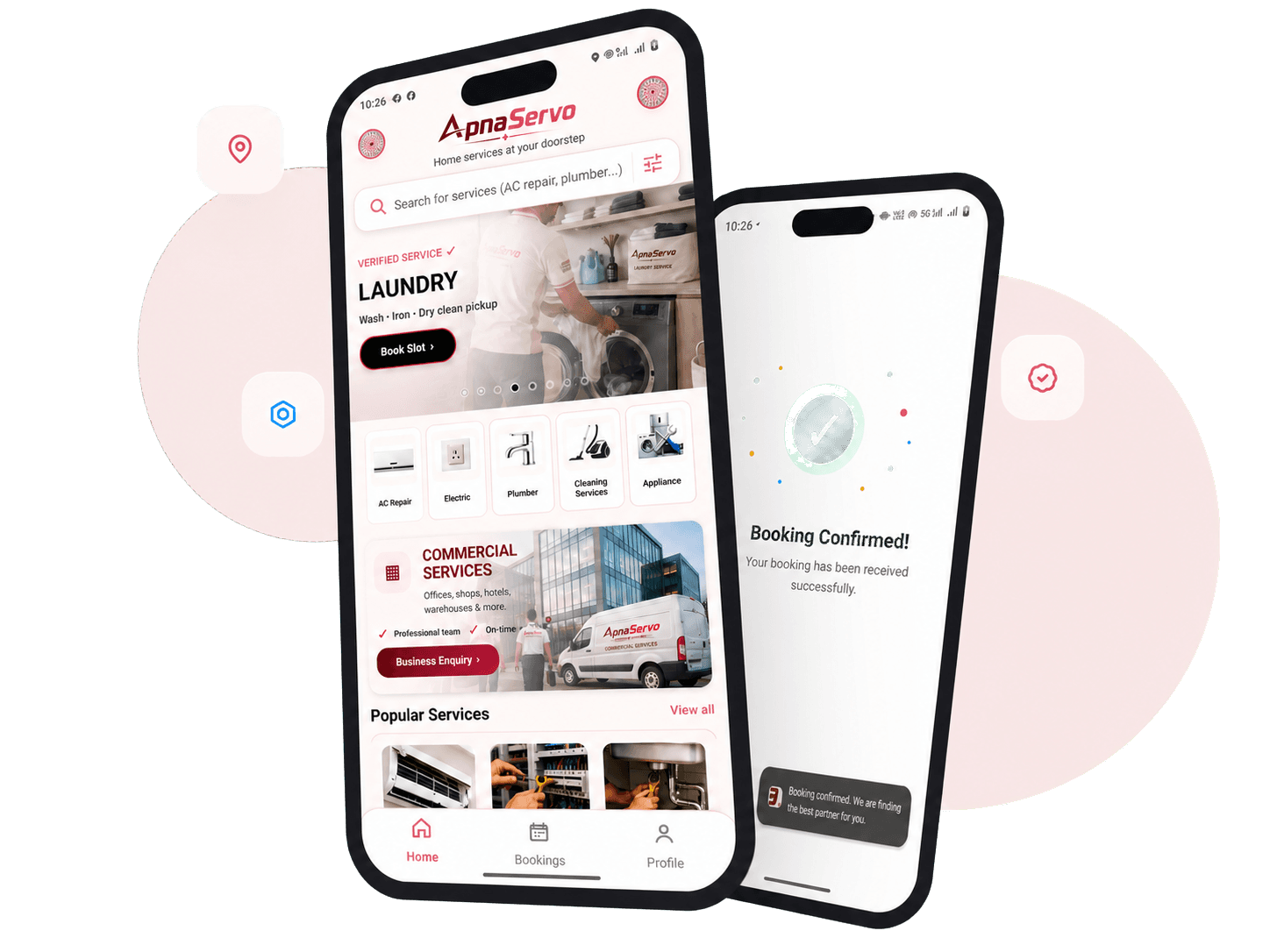 Real ApnaServo app home screen and booking confirmation preview